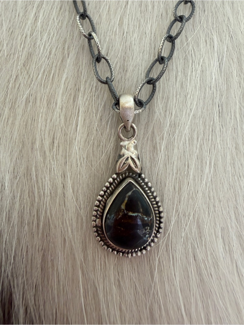 ❤️ Black Jack Turquoise Teardrop Pendant Navajo Style Sterling 925 Unisex 1.13”L